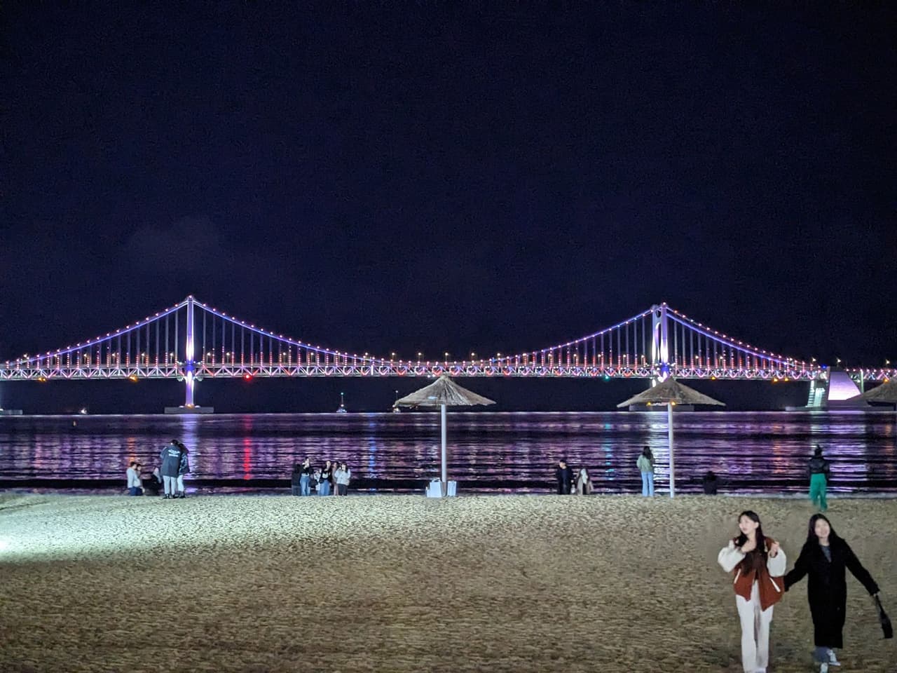 Gwangan Bridge illuminated at night in Busan